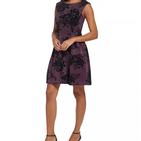 green emerald velvet dress Vince Camuto Women's Print Scuba Fit & Flare Dress Blue Combo 6